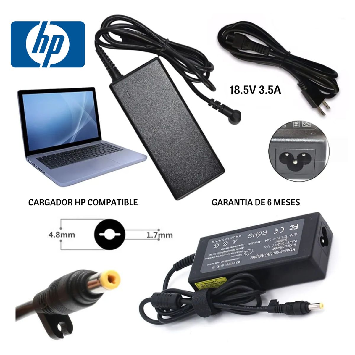 GENERICO - CARGADOR PARA LAPTOP HP 185V 325A 4817mm punta amarilla