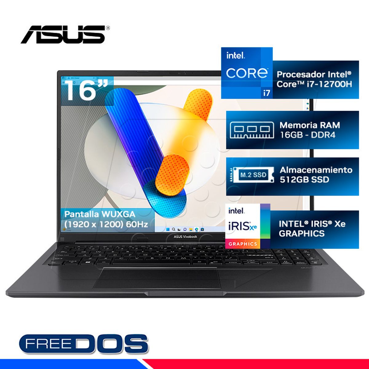 ASUS - Laptop  ASUS Vivobook 16 i,ntel Core i7 12va Gen, Ram 16GB, SSD 512, 16 FHD, TN FreeDos