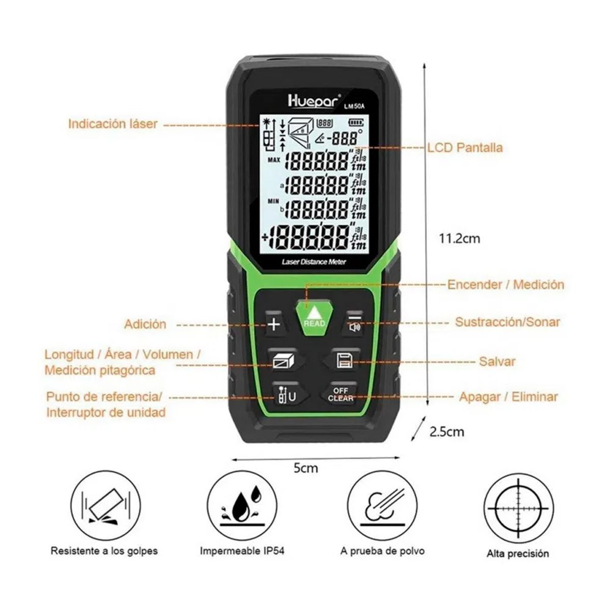 HUEPAR - Medidor de distancia Láser Huepar LM120A 120m LCD Recargable