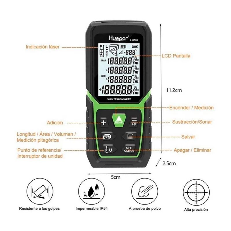 HUEPAR - Medidor de distancia Láser Huepar LM120A 120m LCD Recargable