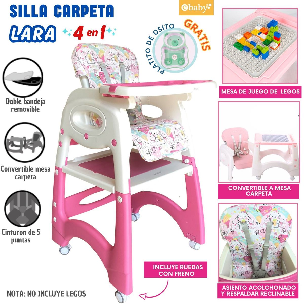 EBABY - Silla de comer bebé Escritorio con ruedas Lara Rosado