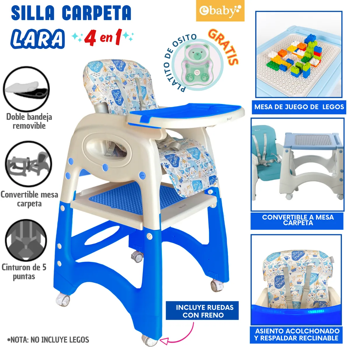 EBABY - Silla de comer Escritorio y con Ruedas Lara AZUL