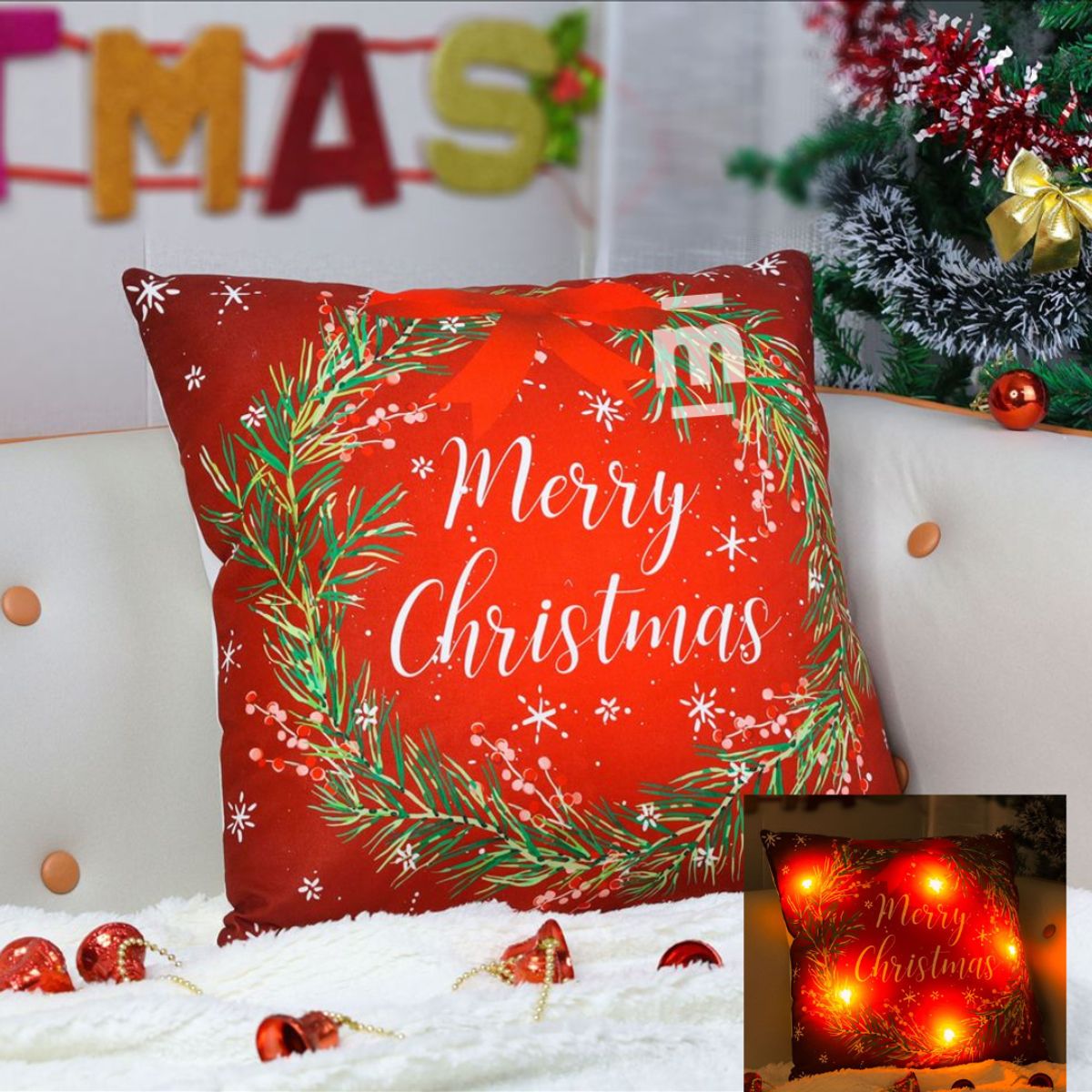 CASATEX - COJIN NAVIDEÑO CON LUCES MERRY CHRISTMAS 45X45CM.