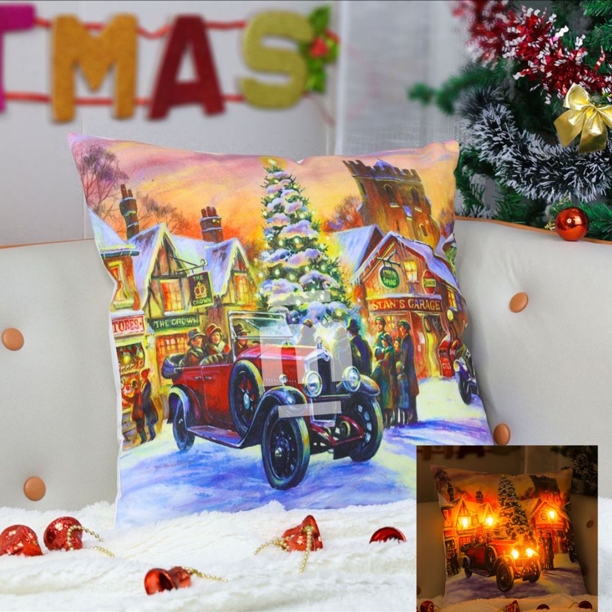 CASATEX - COJIN NAVIDEÑO CON LUCES VILLA MAGICA 45X45CM.