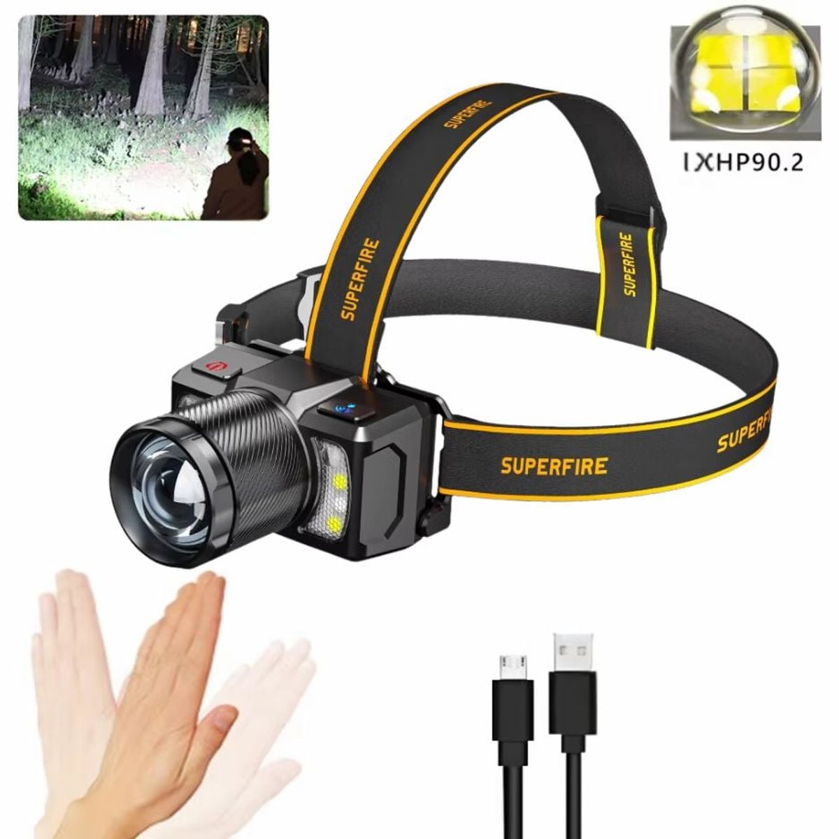 OEM - Linterna de Cabeza LED con Sensor Zoom y Carga Tipo C Súper Brillante