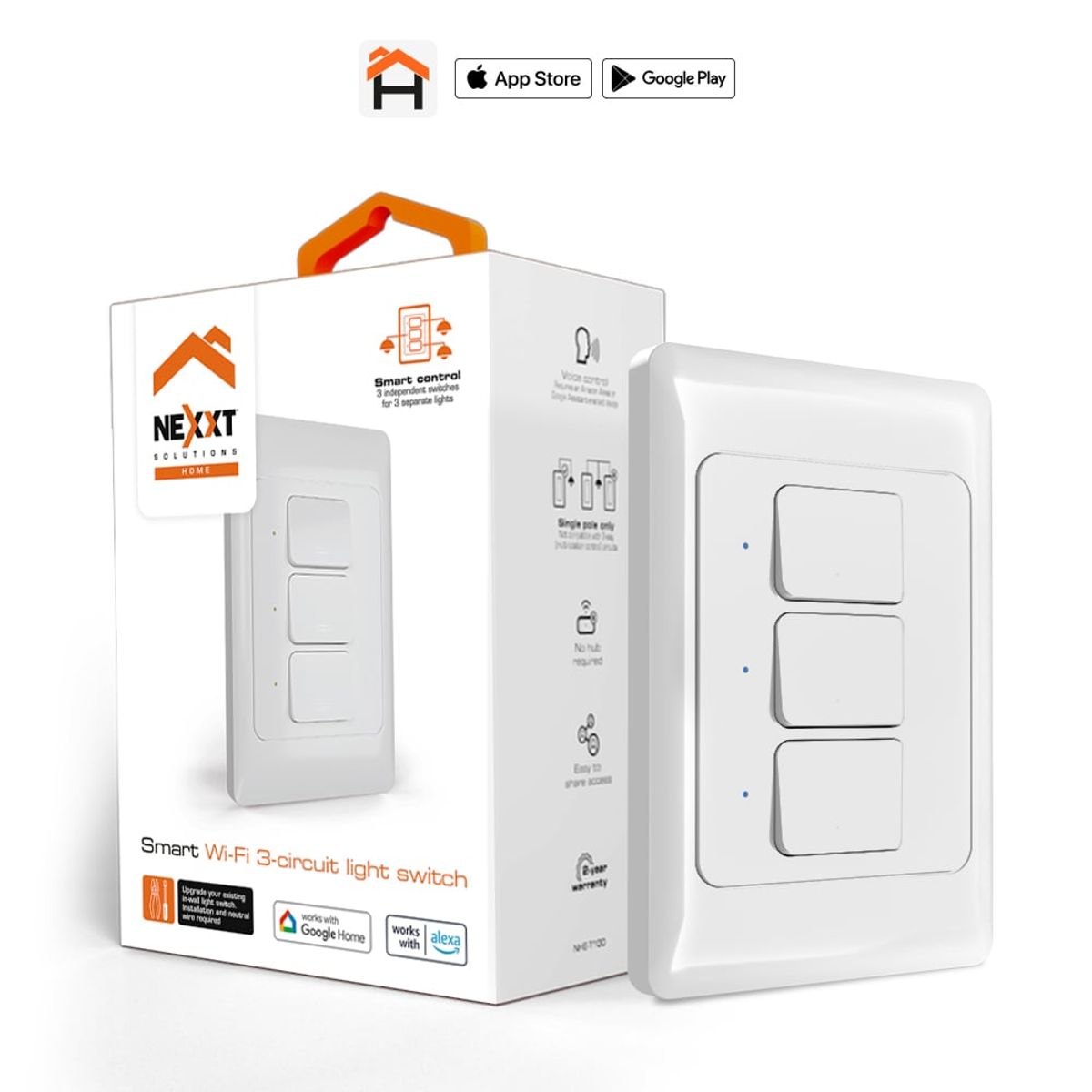 NEXXT SOLUTIONS - INTERRUPTOR DE LUZ 3 CIRCUITOS WI-FI INTELIGENTE NEXXT NHE-T100 BLANCO