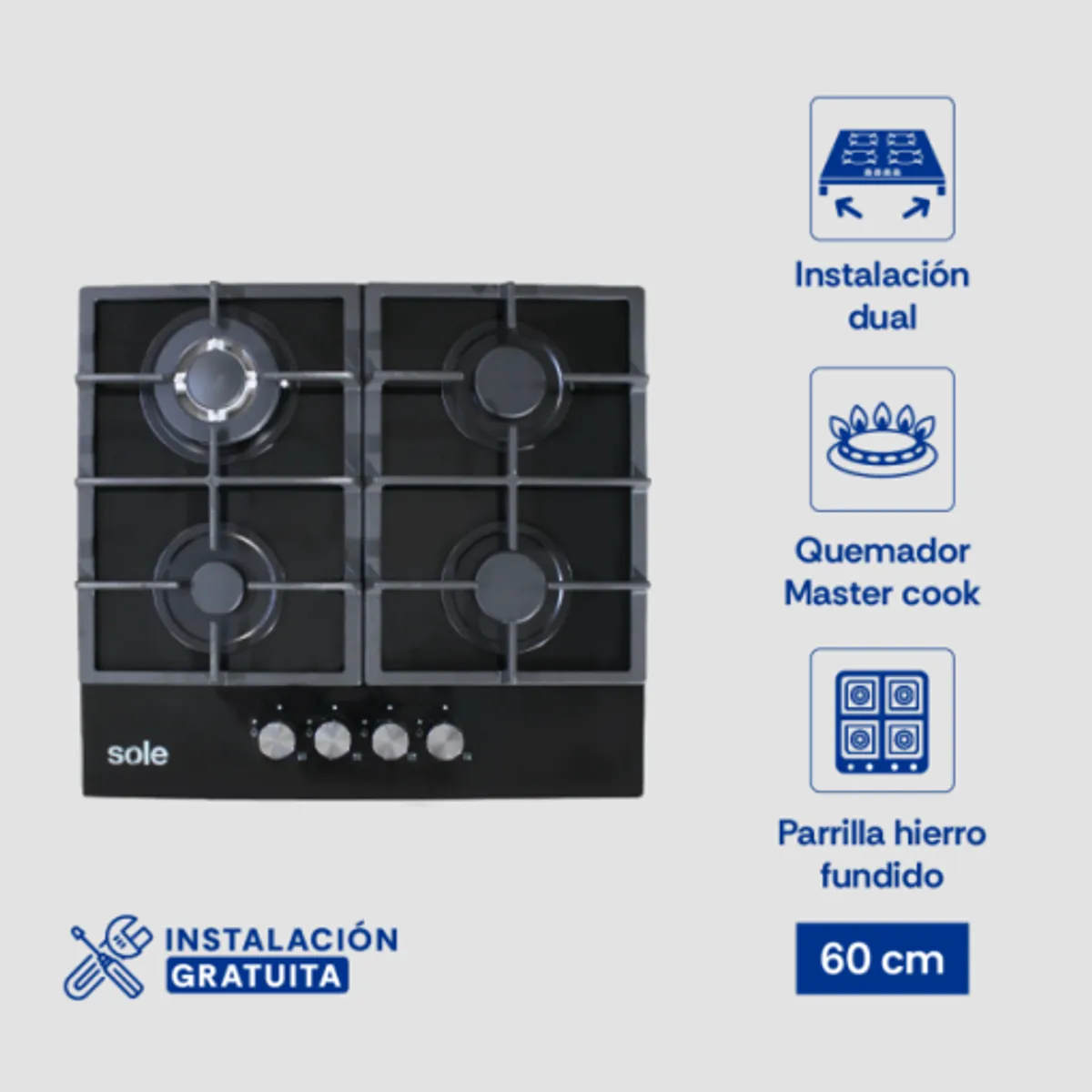 SOLE - Encimera Vidrio Templado Sole A Gas 60cm SOLCO045V2.