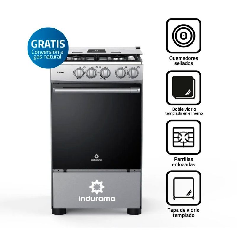 INDURAMA - Cocina Indurama de Pie a Gas 20" 4 Hornillas Acero Fontana - Gris - con Horno