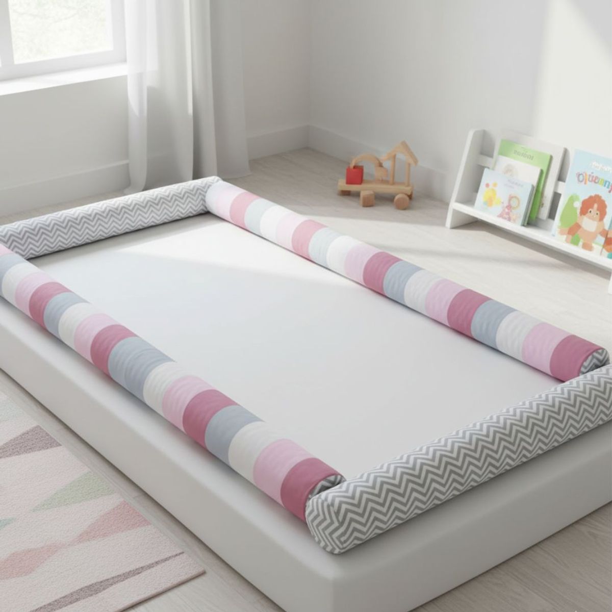 GENERICO - Bumpers Tubulares de cama cuna Montessori 1.5 plazas Rosas