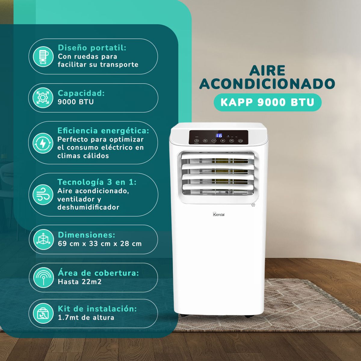KENDAL - Aire Acondicionado Portátil 9000 BTU, Frio 3 en 1