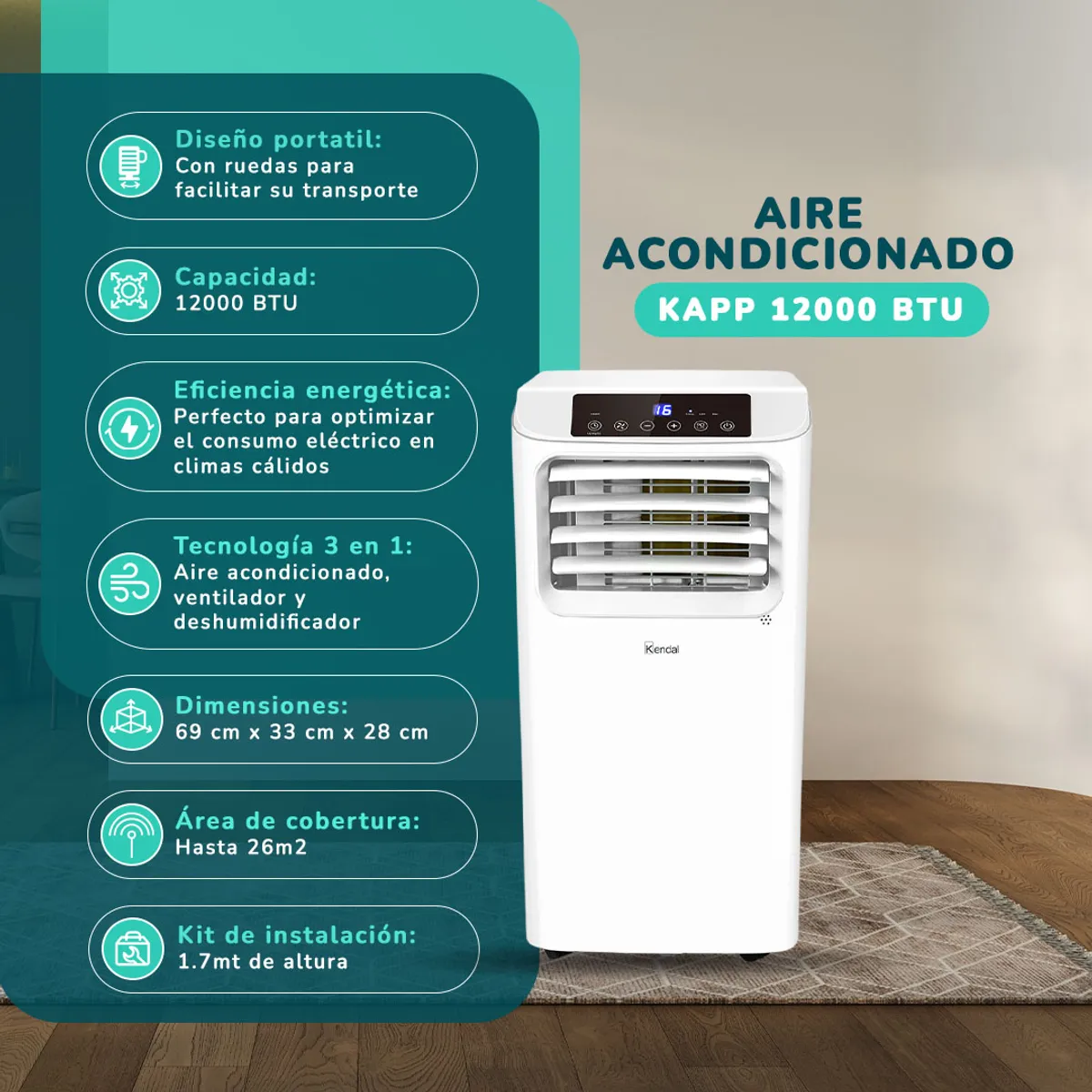 KENDAL - Aire Acondicionado Portátil 12000 BTU, Frio 3 en 1