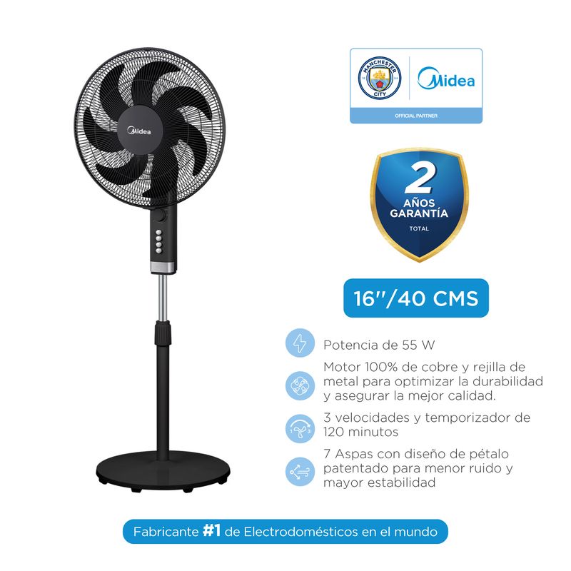 MIDEA - VENTILADOR DE PEDESTAL MIDEA MFA164MB-PE ZEFIRO 16’’ NEGRO 7ASPAS