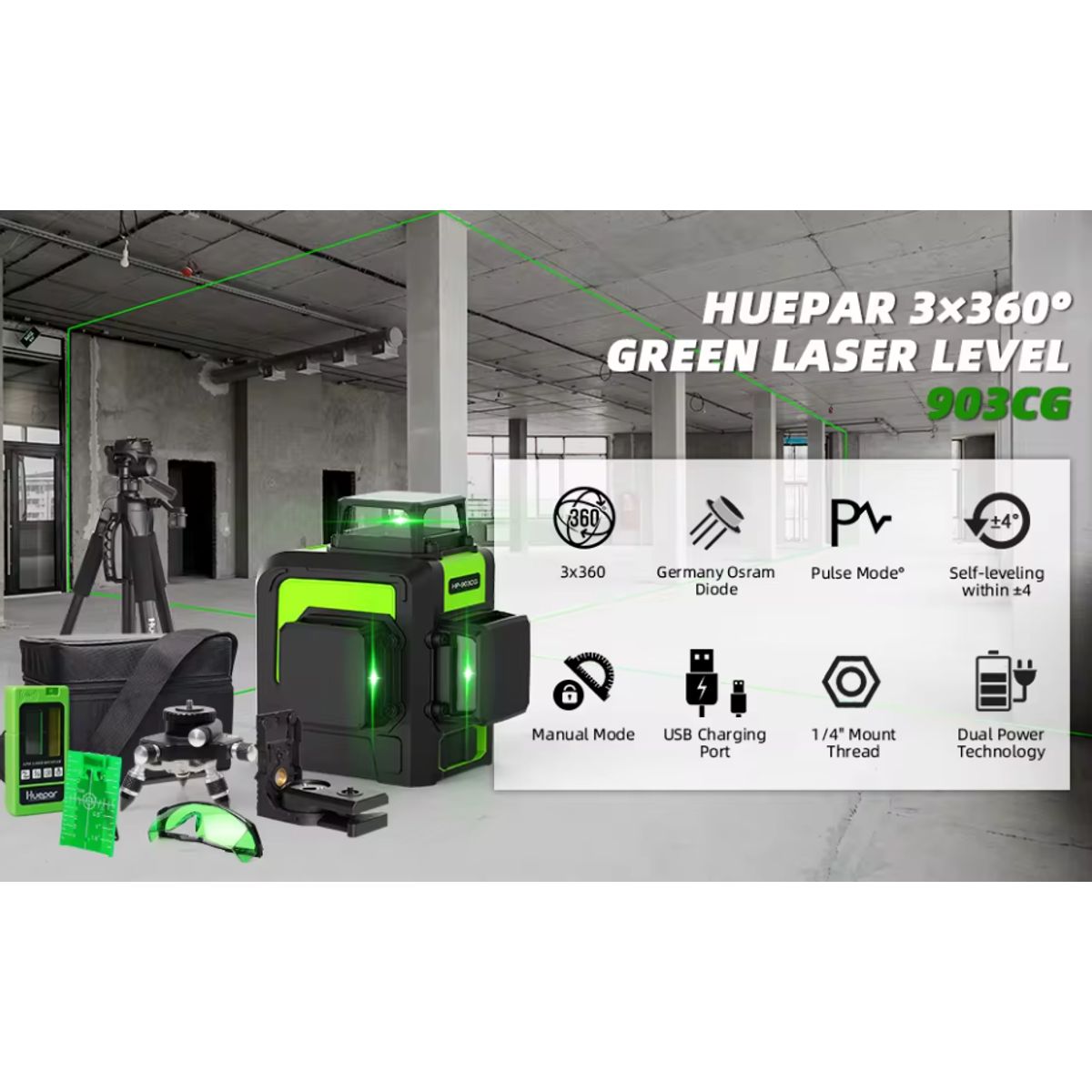 HUEPAR - Nivel láser verde huepar 903CG 12 líneas recargable(Dos baterías) ​ ​ ​ ​ ​