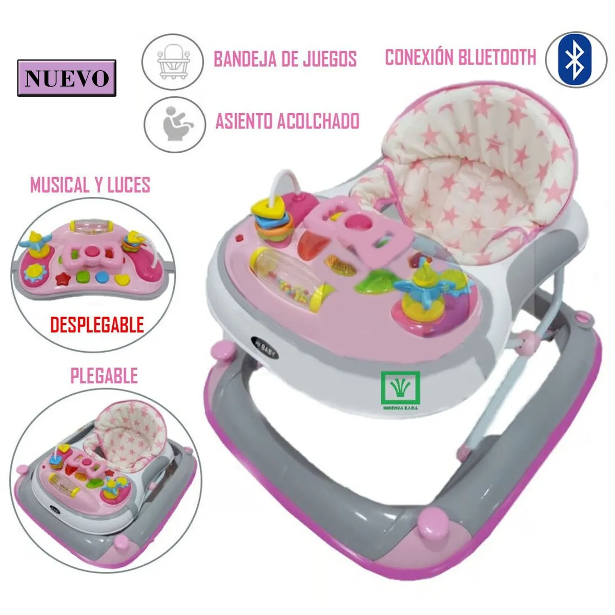 HI BABY - Andador Musical con Bluetooth Timón 3 Niveles Rosado