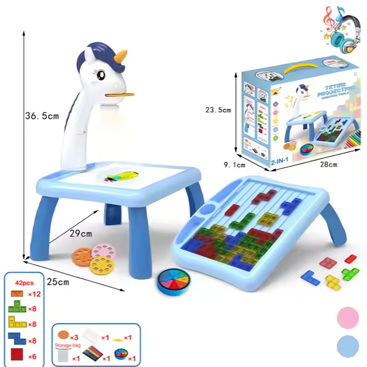 GENERICO - Proyector de Dibujo Unicornio Tetris 2 en 1 Musical Azul