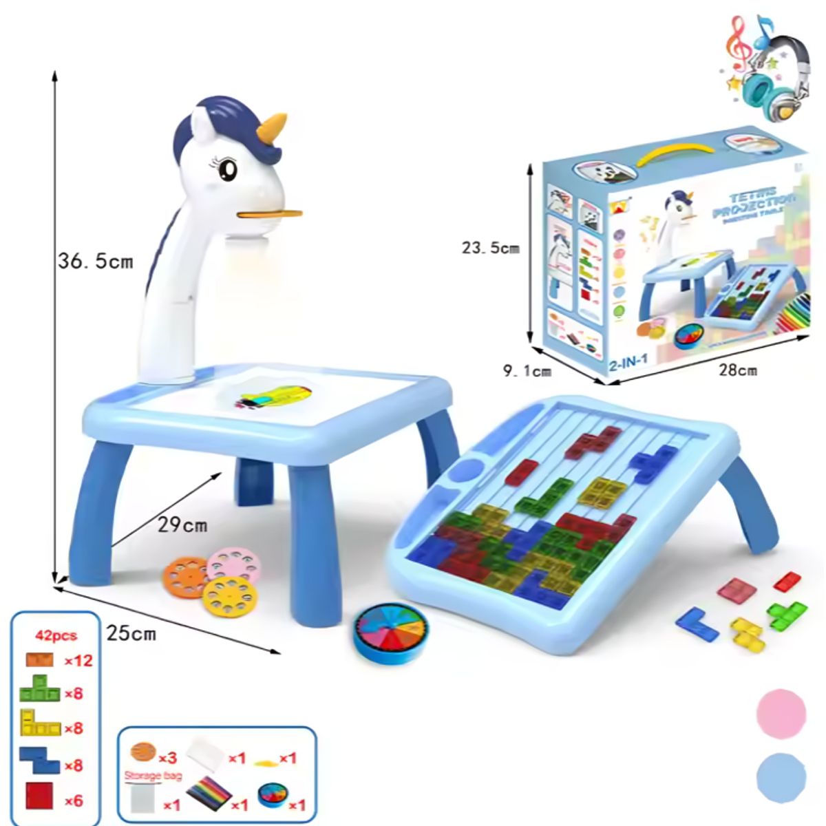 GENERICO - Proyector de Dibujo Unicornio Tetris 2 en 1 Musical Azul