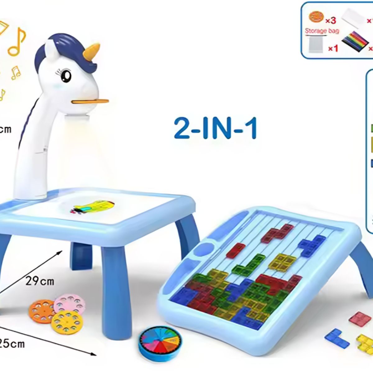 GENERICO - Proyector de Dibujo Unicornio Tetris 2 en 1 Musical Azul