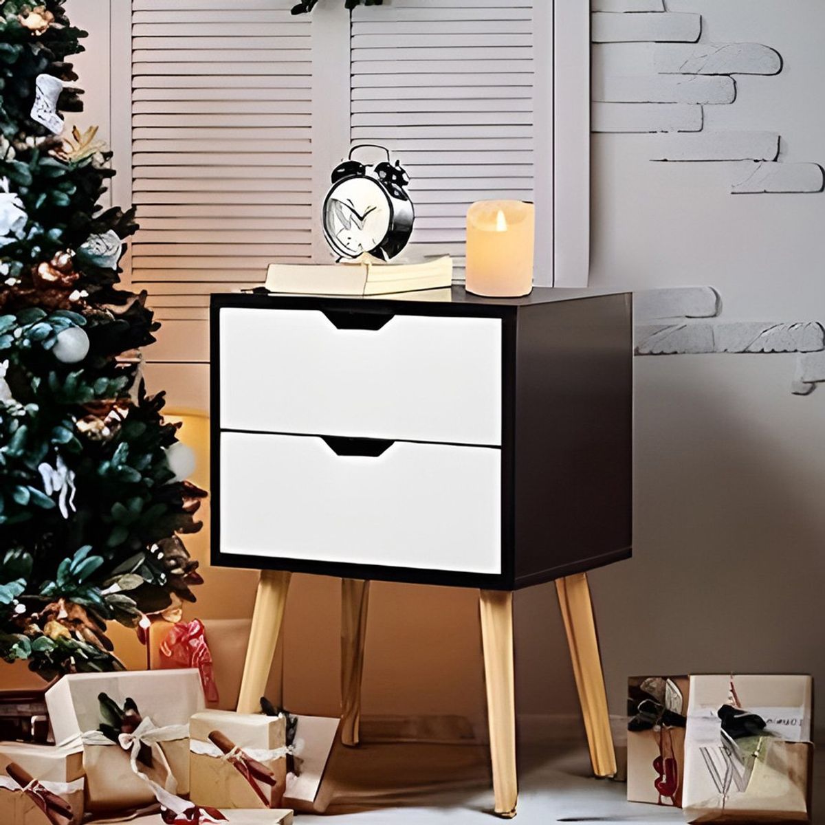 GENERICO - Velador Vintage Mesa de Noche Shavan 2 Cajones Blanco y Negro Huk