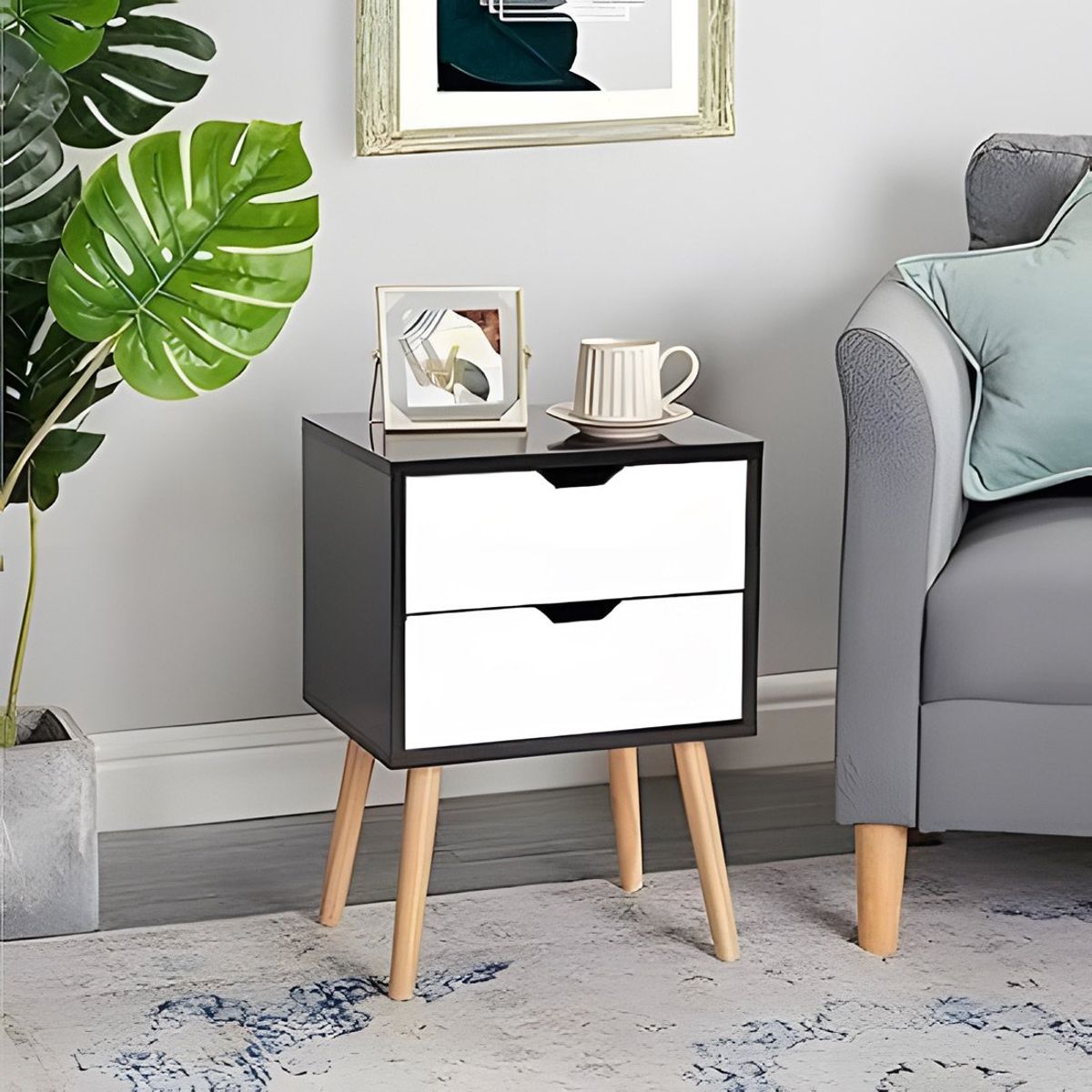 GENERICO - Velador Vintage Mesa de Noche Shavan 2 Cajones Blanco y Negro Huk