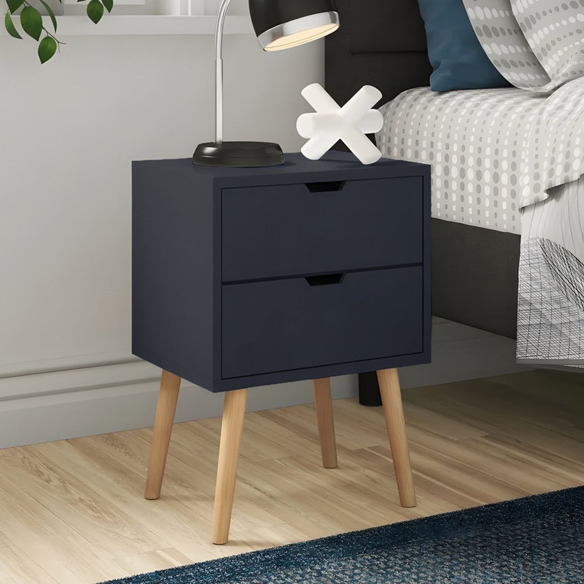 GENERICO - Velador Vintage Mesa de Noche Shavan 2 Cajones Negro Huk