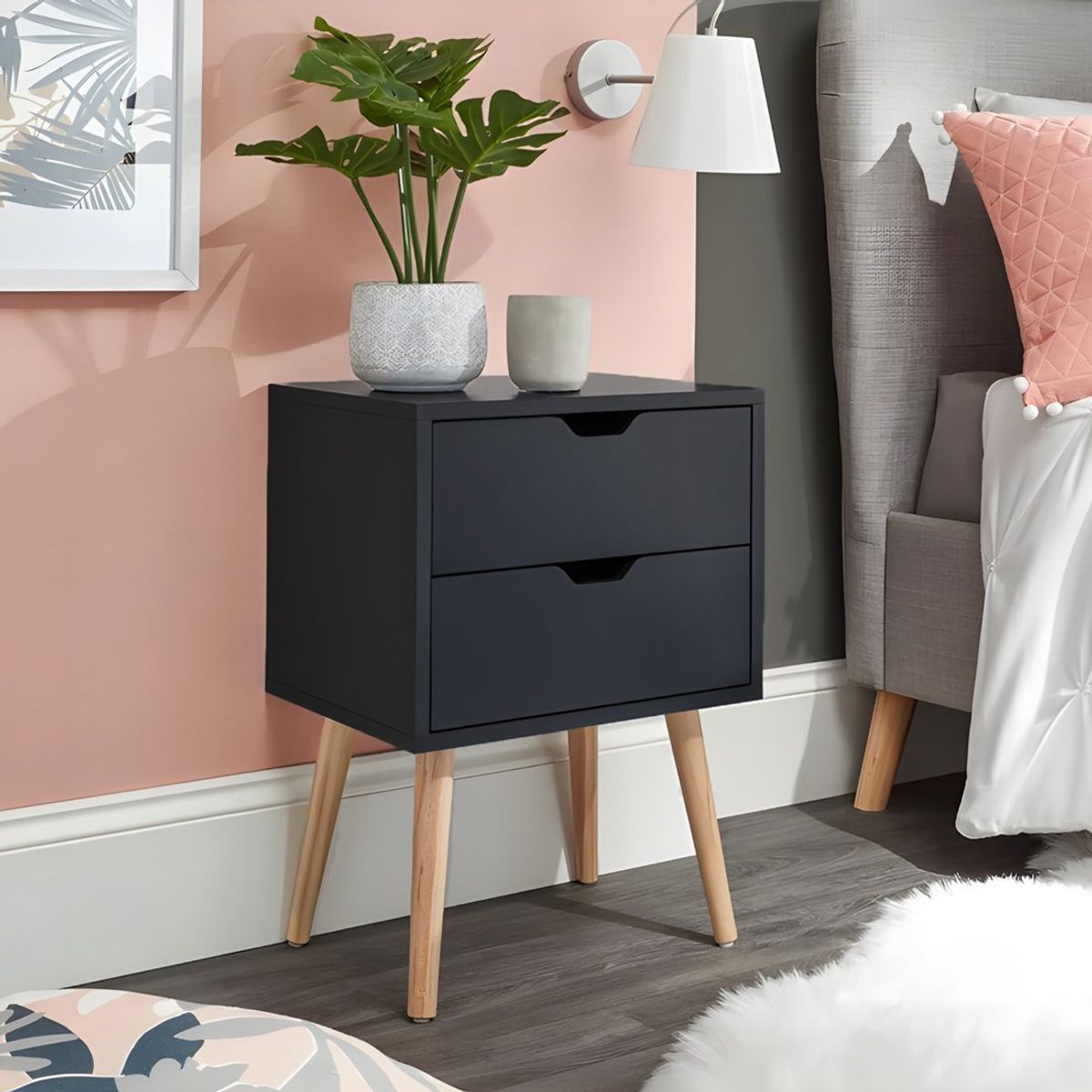 GENERICO - Velador Vintage Mesa de Noche Shavan 2 Cajones Negro Huk