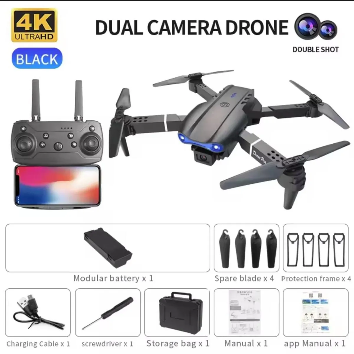 GENERICO - MINI DRON E99 PRO CON CAMARA DUAL INCLUYE REPUESTOS Y ESTUCHE
