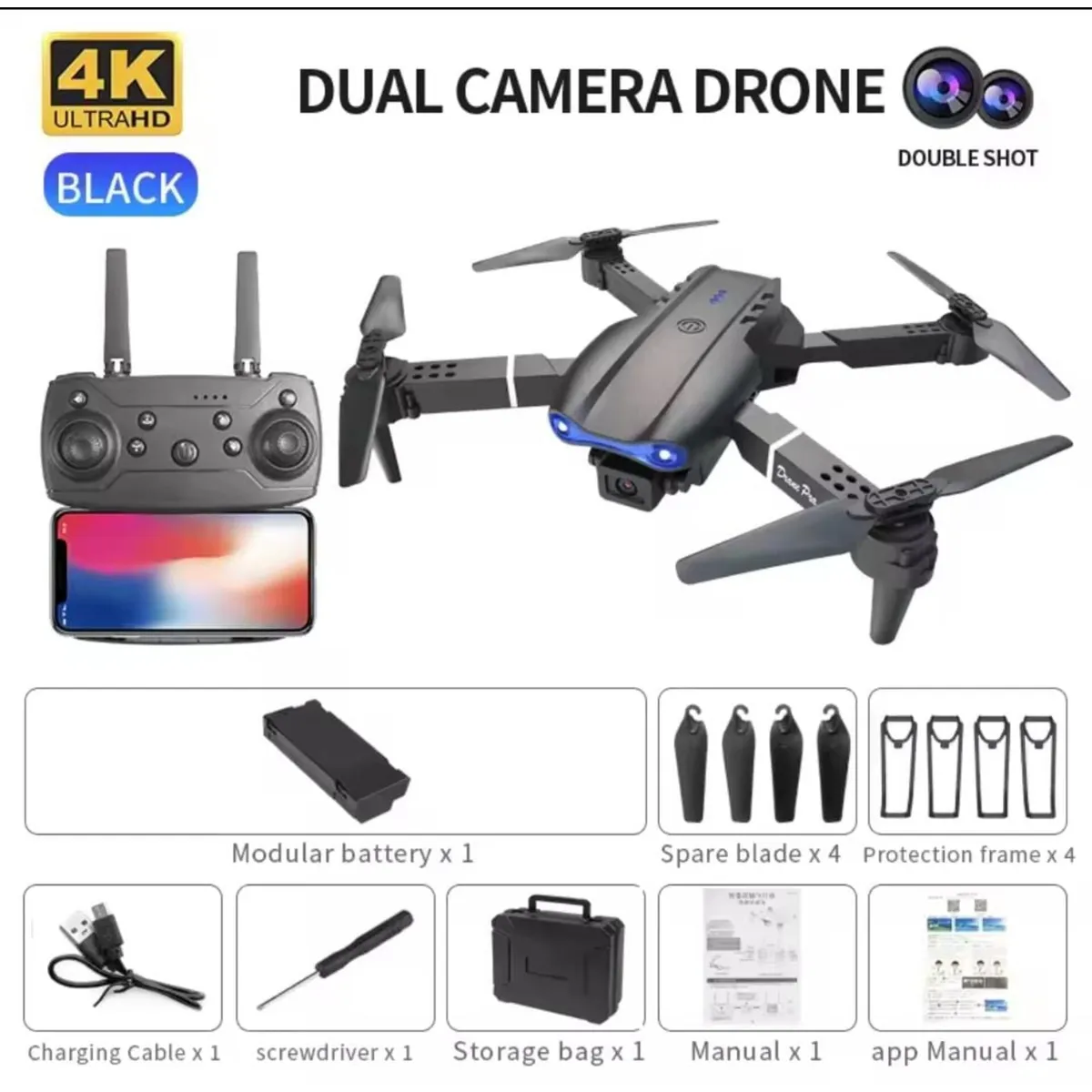 GENERICO - MINI DRON E99 PRO CON CAMARA DUAL INCLUYE REPUESTOS Y ESTUCHE