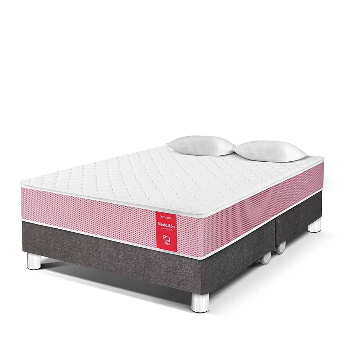 PARAISO - Cama Box Tarima Medallón Ergo Queen + 2 Almohadas + Protector