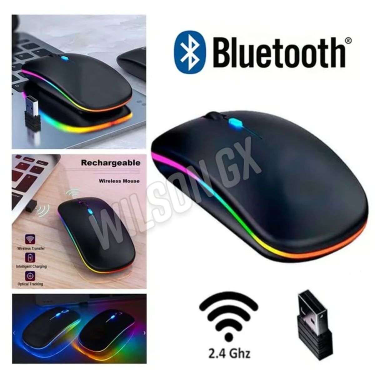 GENERICO - Mouse Inalámbrico Negro Recargable con Luces RGB USB y Bluetooth