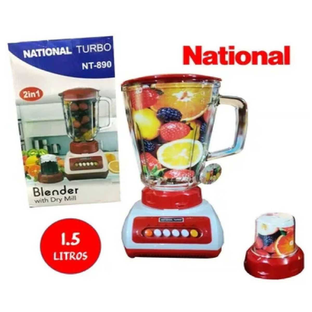 NATIONAL - Licuadora National Turbo con Doble Vaso de Vidrio Templado 900W Rojo