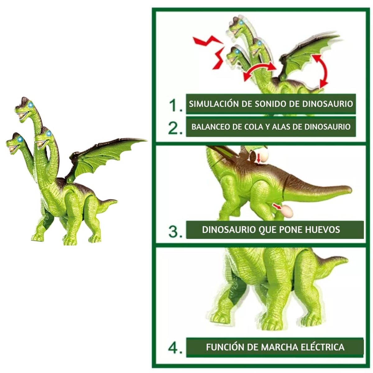 MINARI - Dinosaurio Dragón 3 Cabezas con Luces y Sonido + Huevos DD3