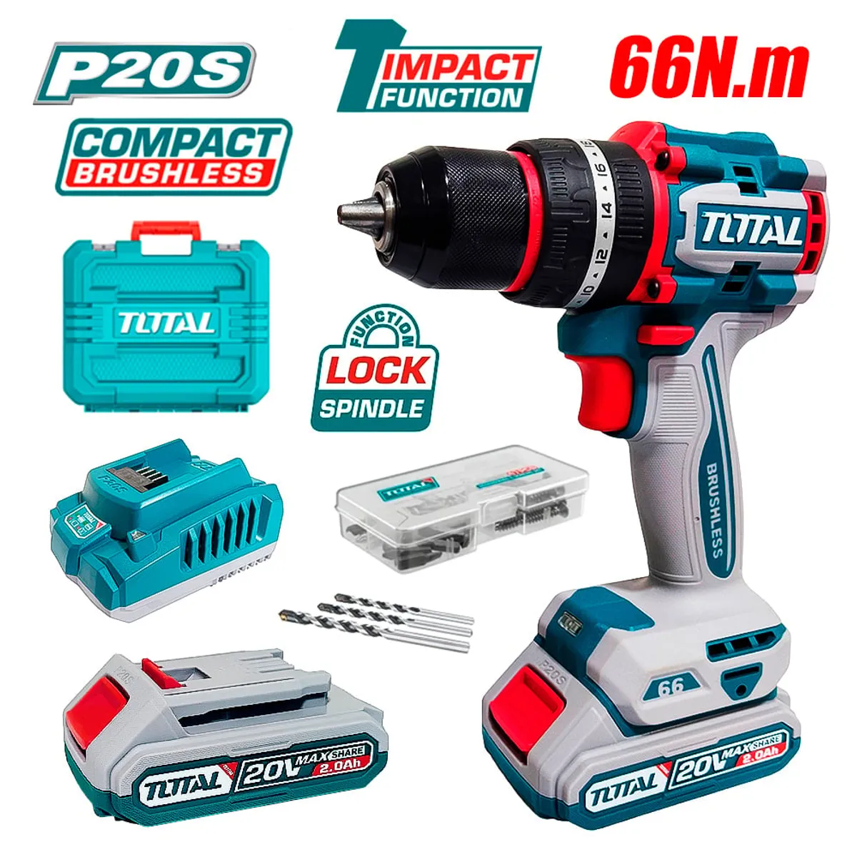 TOTAL TOOLS - Taladro Atornillador Percutor Industrial ½ TIDLI20668 20V 66Nm 2Bat x 2Ah Brushless