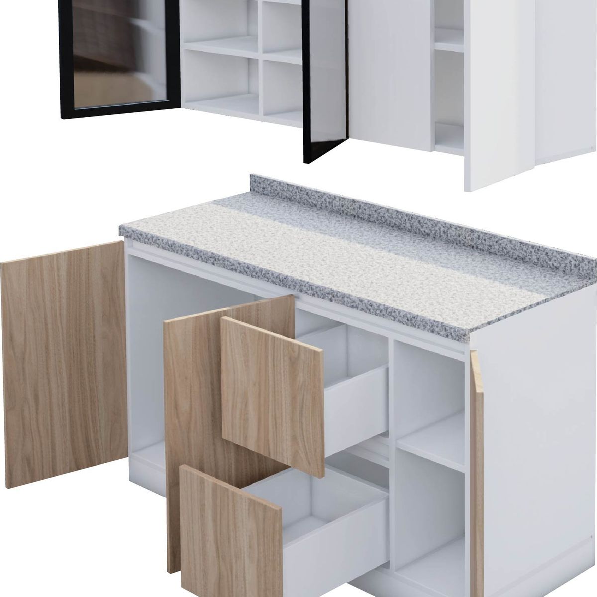 GENERICO - Modulo de Cocina Vigo + Puertas de Vidrio - Blanco y Castaño