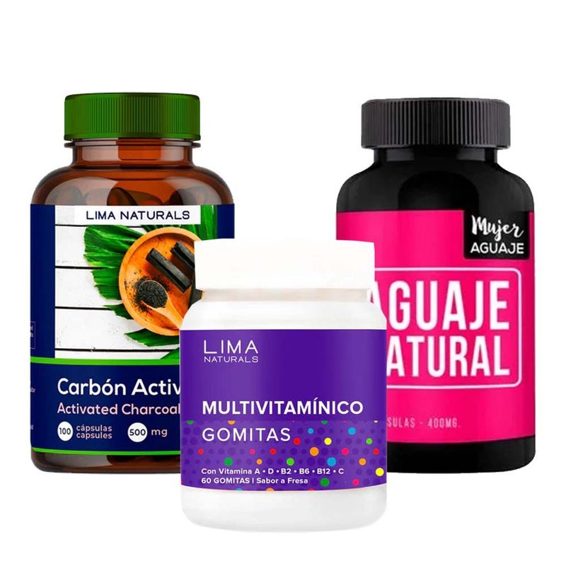 LIMA NATURALS - Carbón Activado Cápsulas + Gomitas Multivitamínico + Aguaje Cápsulas