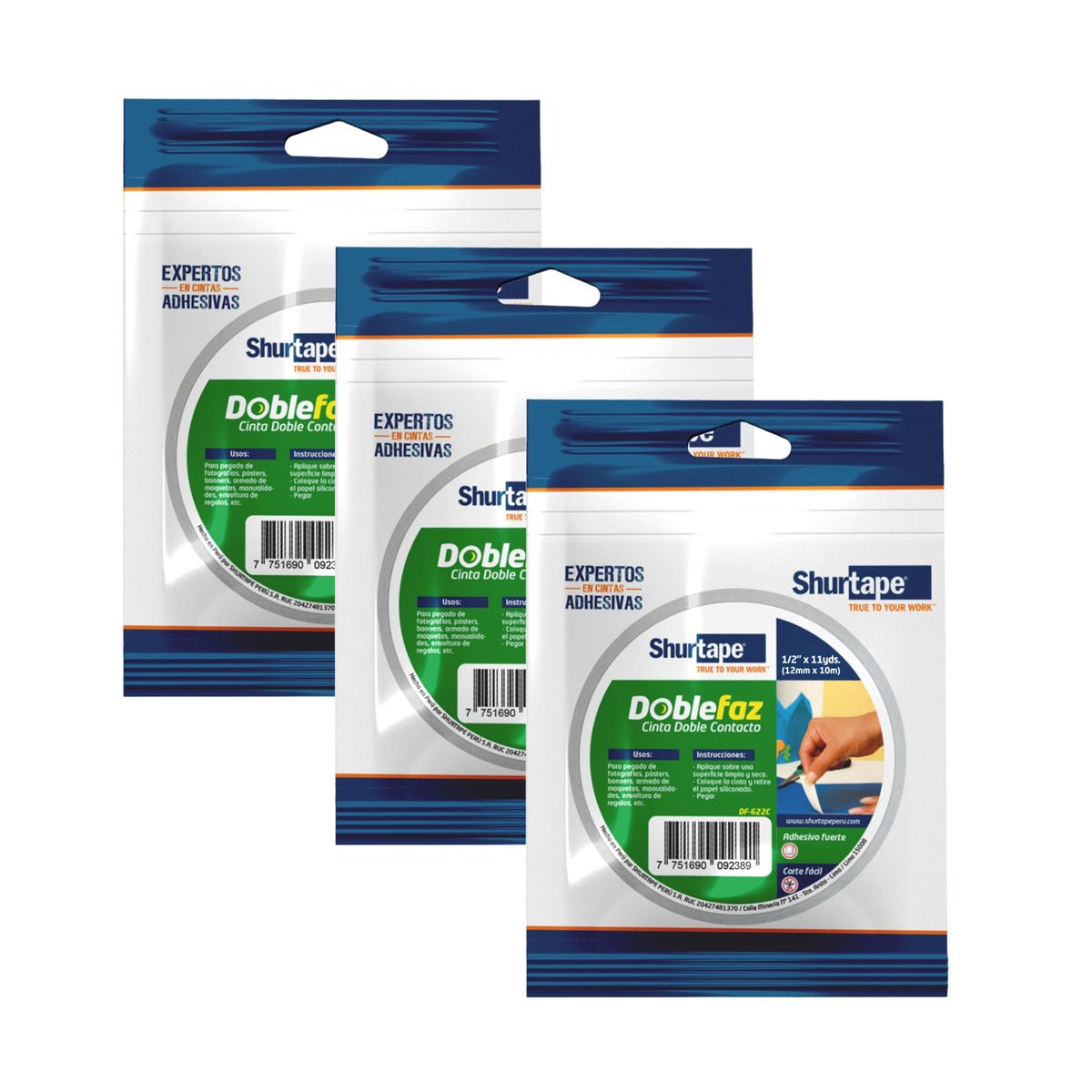 SHURTAPE - Doble Faz Cinta de Doble Contacto 12mm x 10m Pack x 3