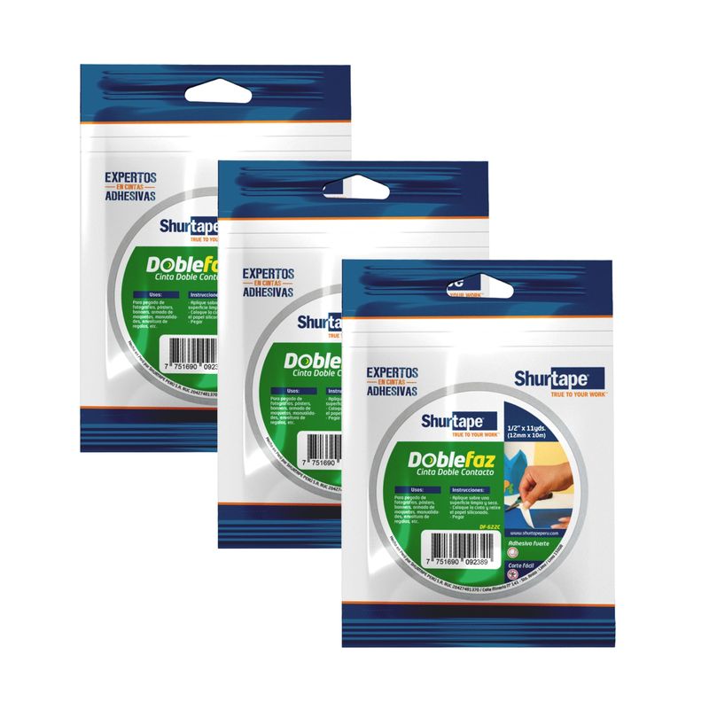 SHURTAPE - Doble Faz Cinta de Doble Contacto 12mm x 10m Pack x 3
