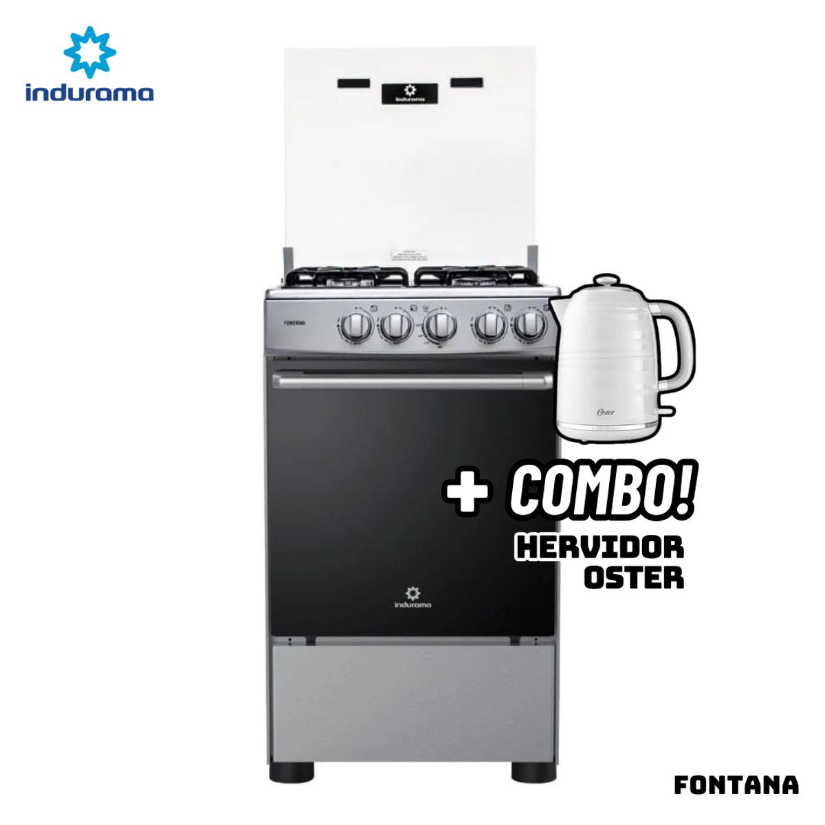 INDURAMA - COCINA DE PIE INDURAMA A GAS 4 HORNILLAS - FONTANA + HERVIDOR OSTER BLANCO