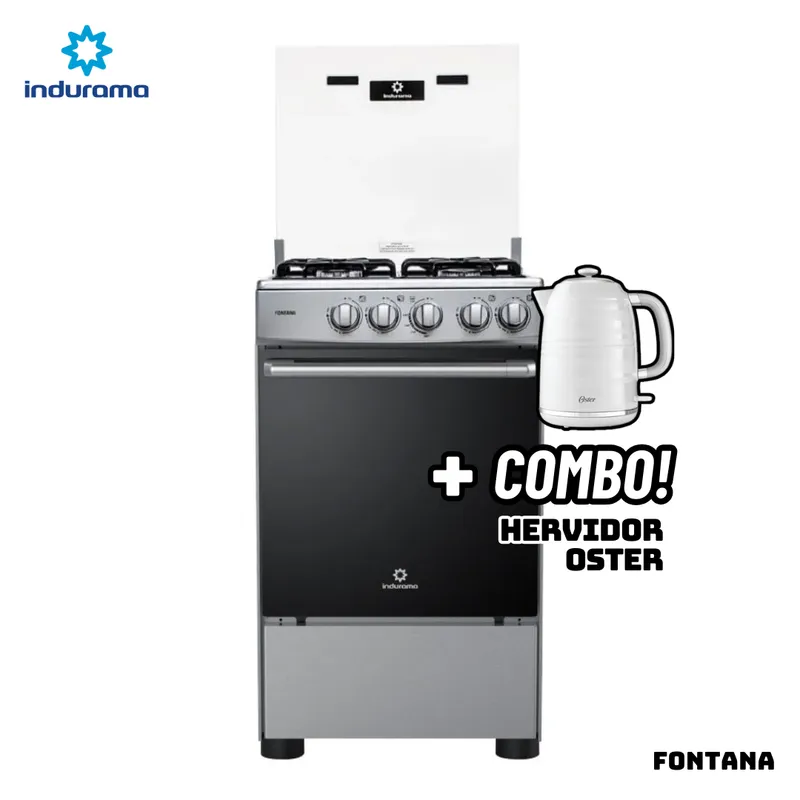 INDURAMA - COCINA DE PIE INDURAMA A GAS 4 HORNILLAS - FONTANA + HERVIDOR OSTER BLANCO