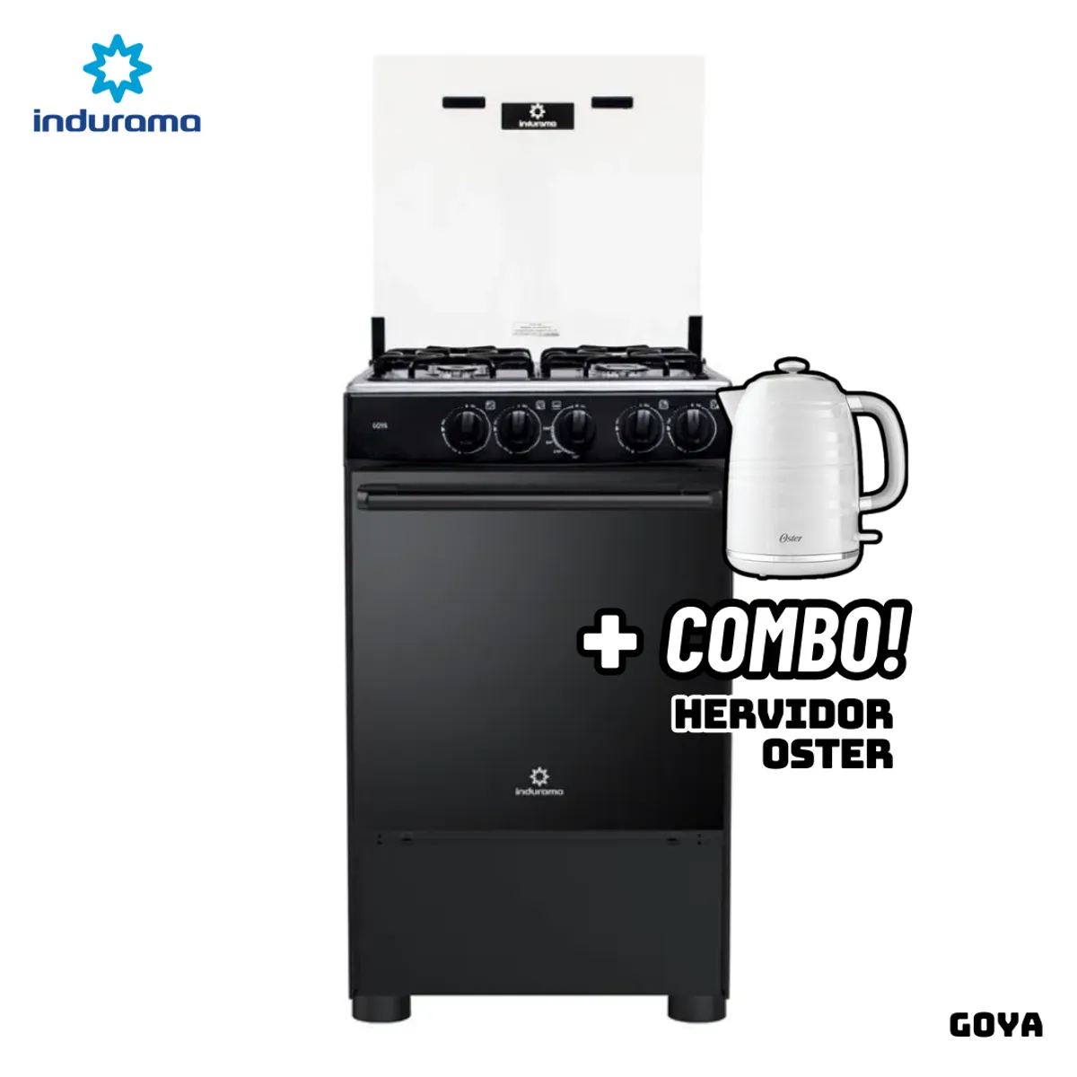INDURAMA - COCINA DE PIE INDURAMA A GAS 4 HORNILLAS - GOYA + HERVIDOR OSTER BLANCO