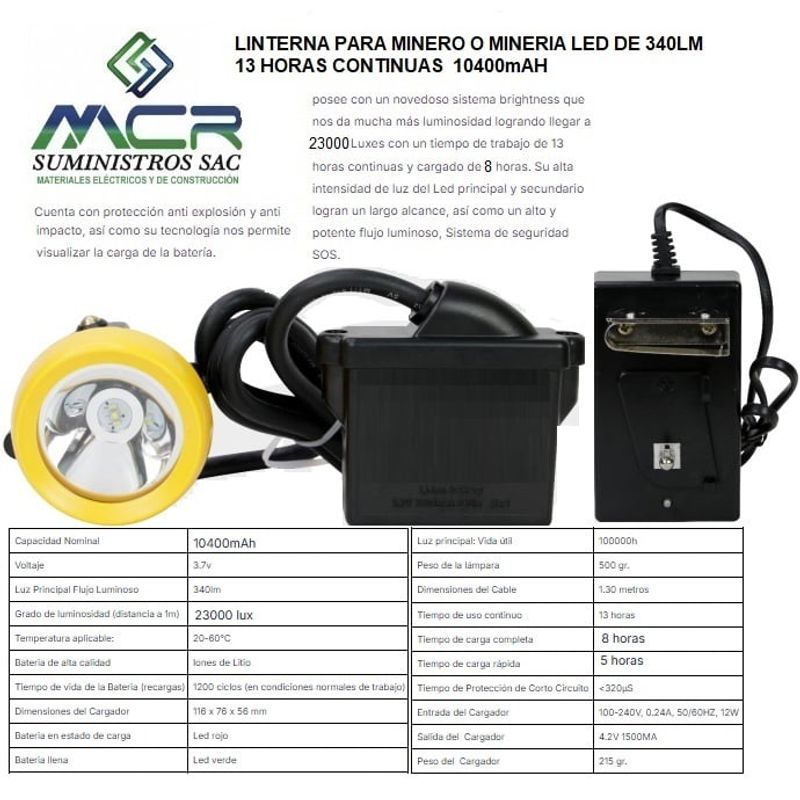 GENERICO - LINTERNA PARA MINERO O MINERIA LED 340LM 13 HORAS CONTINUAS 23000LUX