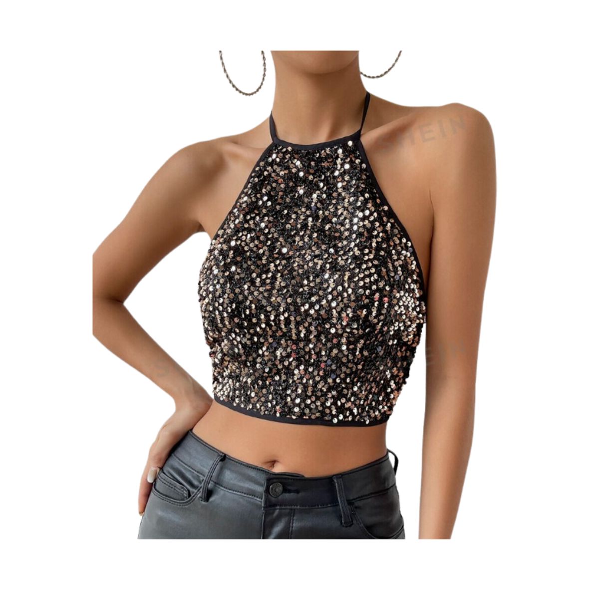 GENERICO - Top halter con espalda abierta y lentejuelas