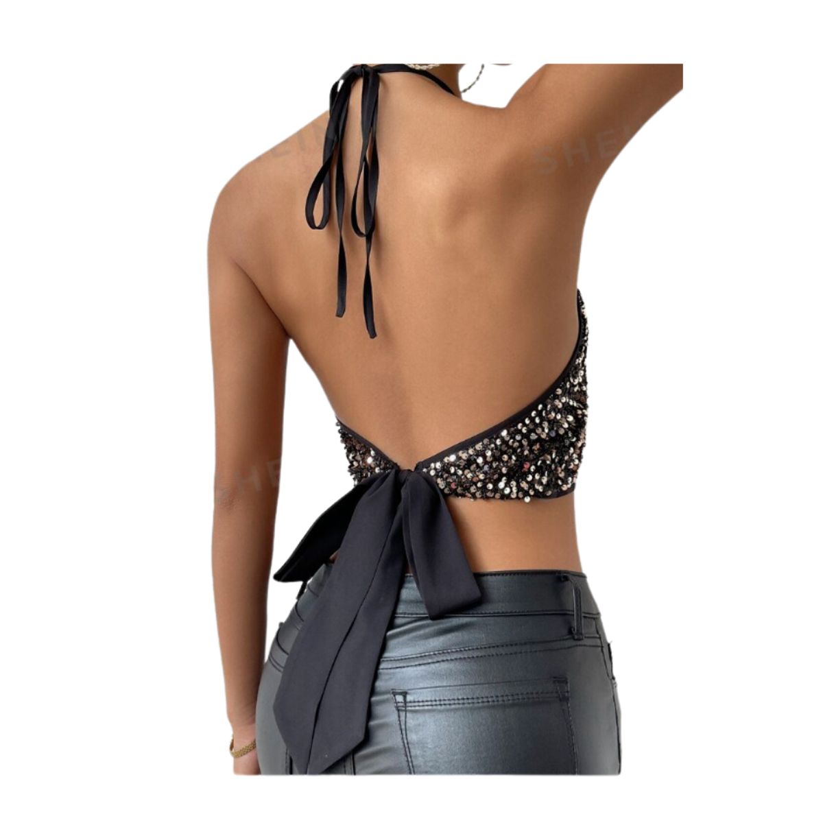 GENERICO - Top halter con espalda abierta y lentejuelas