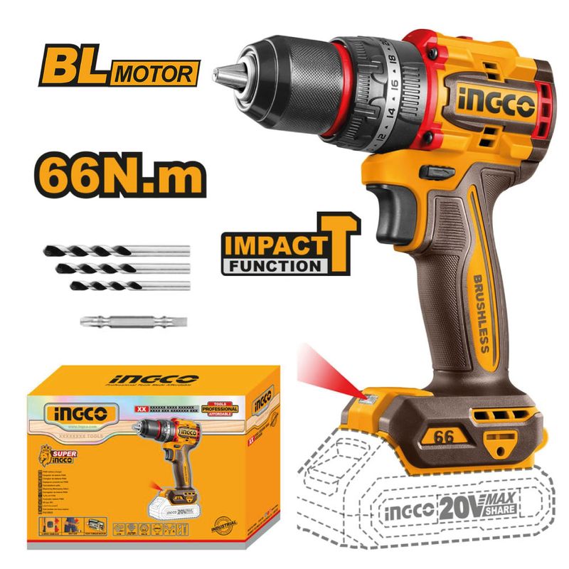INGCO TOOLS - TALADRO PERCUTOR BRUSHLESS CHUCK METÁLICO INGCO 20V 66NM CIDLI206681