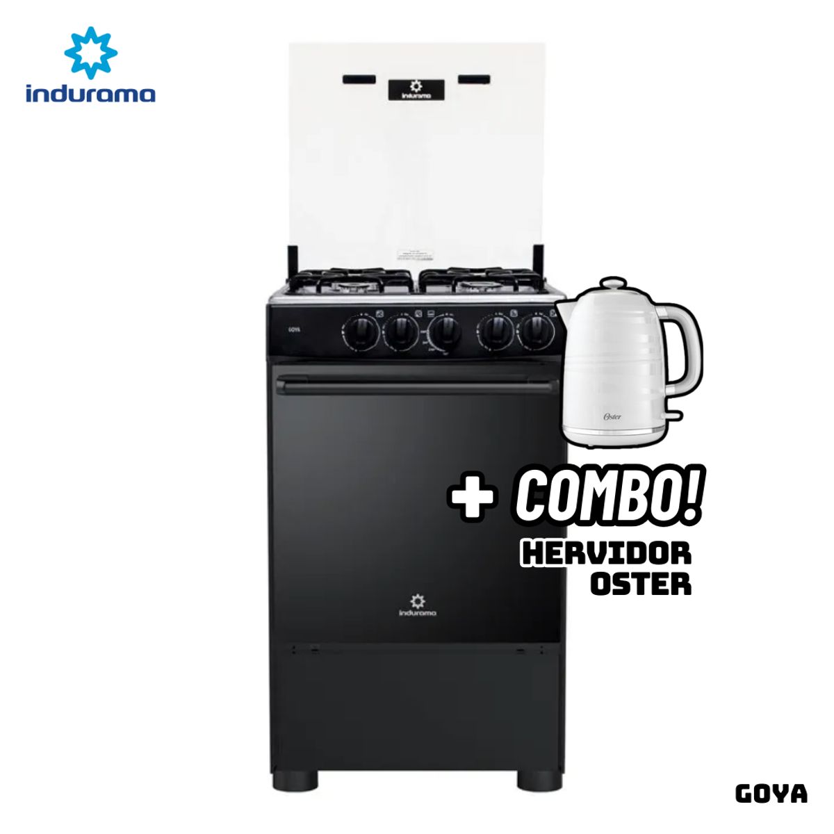 INDURAMA - COCINA DE PIE INDURAMA A GAS 4 HORNILLAS - GOYA + HERVIDOR OSTER BLANCO