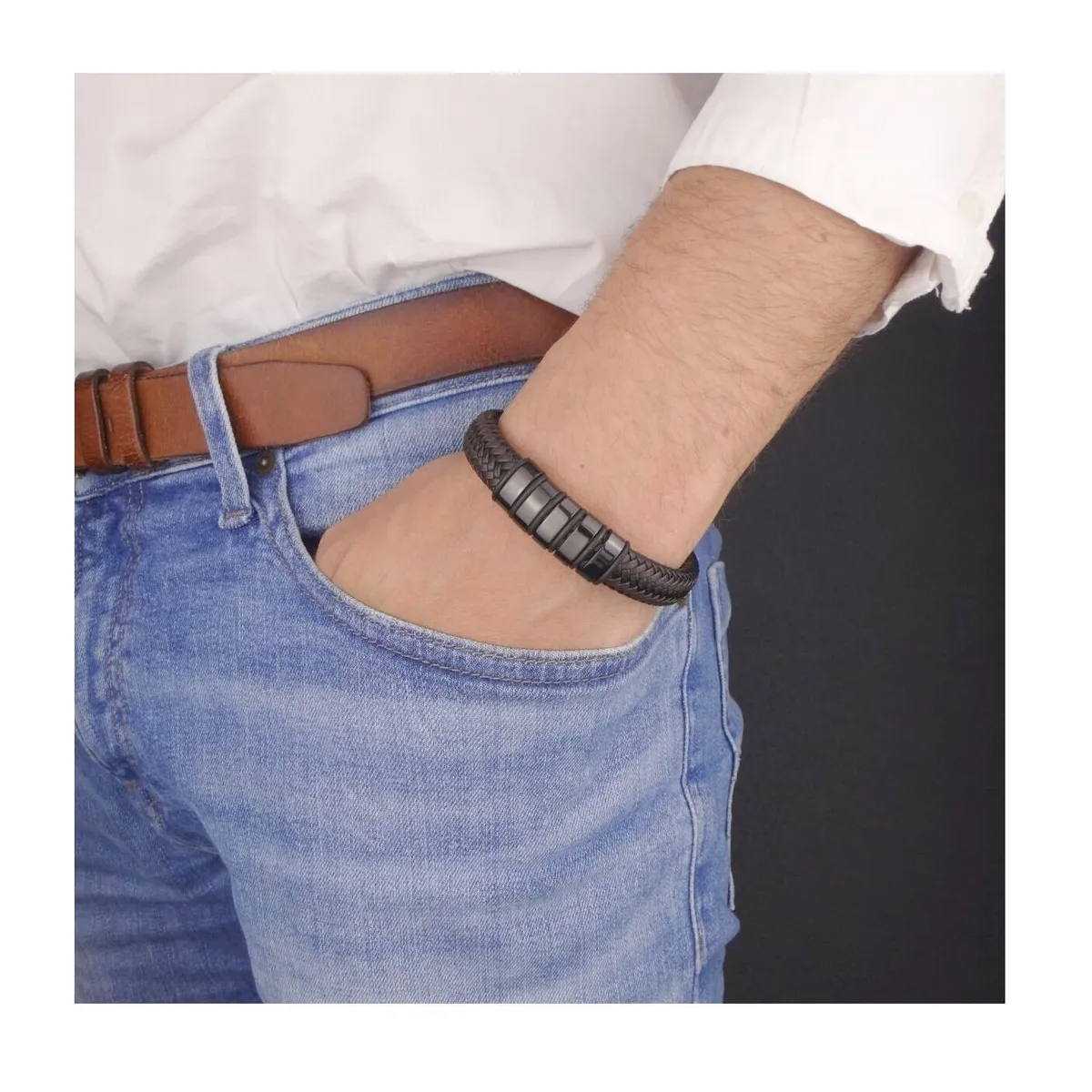 OEM - Pulsera Hombre Cuero Trenzado Franjas Acero Inoxidable 316L