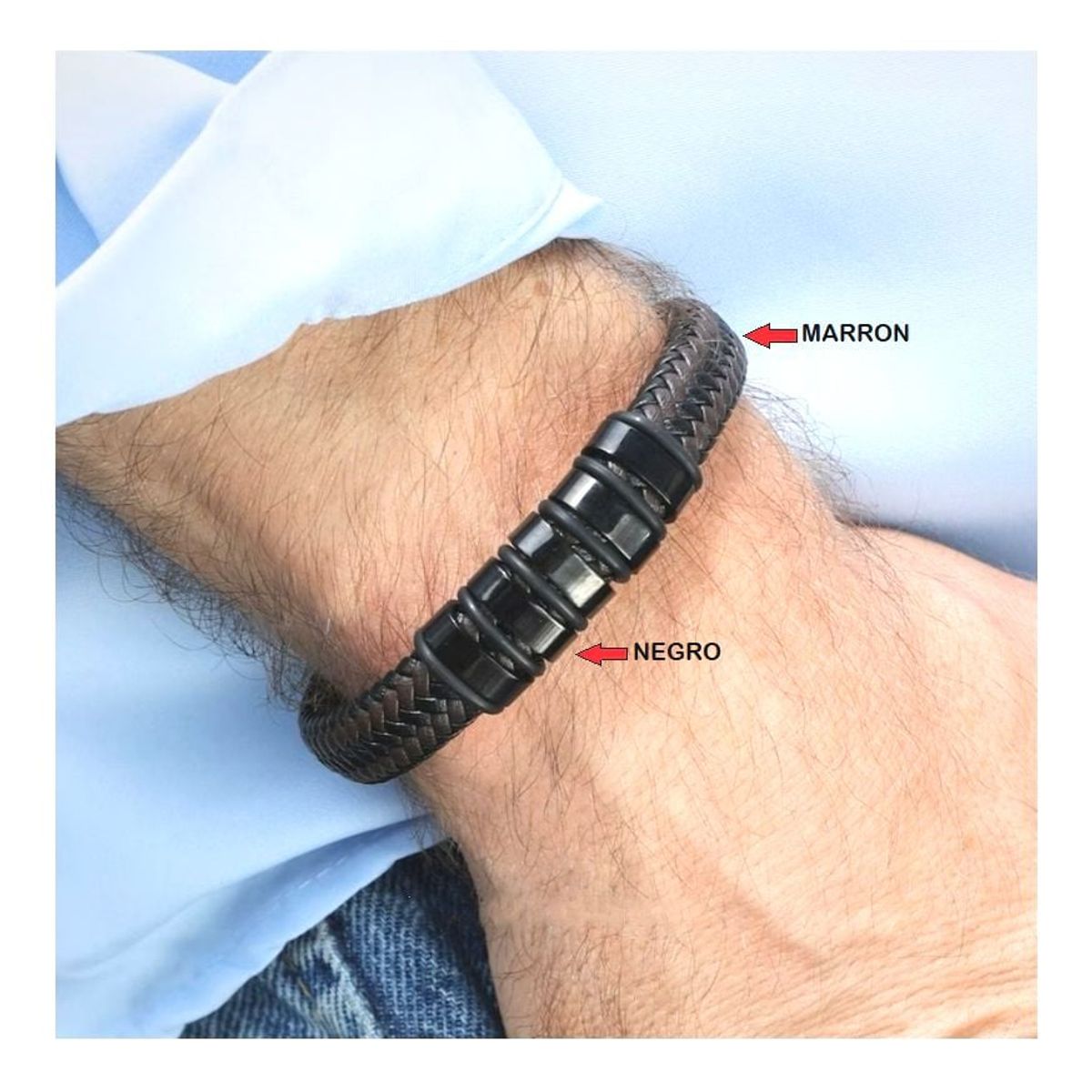 OEM - Pulsera Hombre Cuero Trenzado Franjas Acero Inoxidable 316L