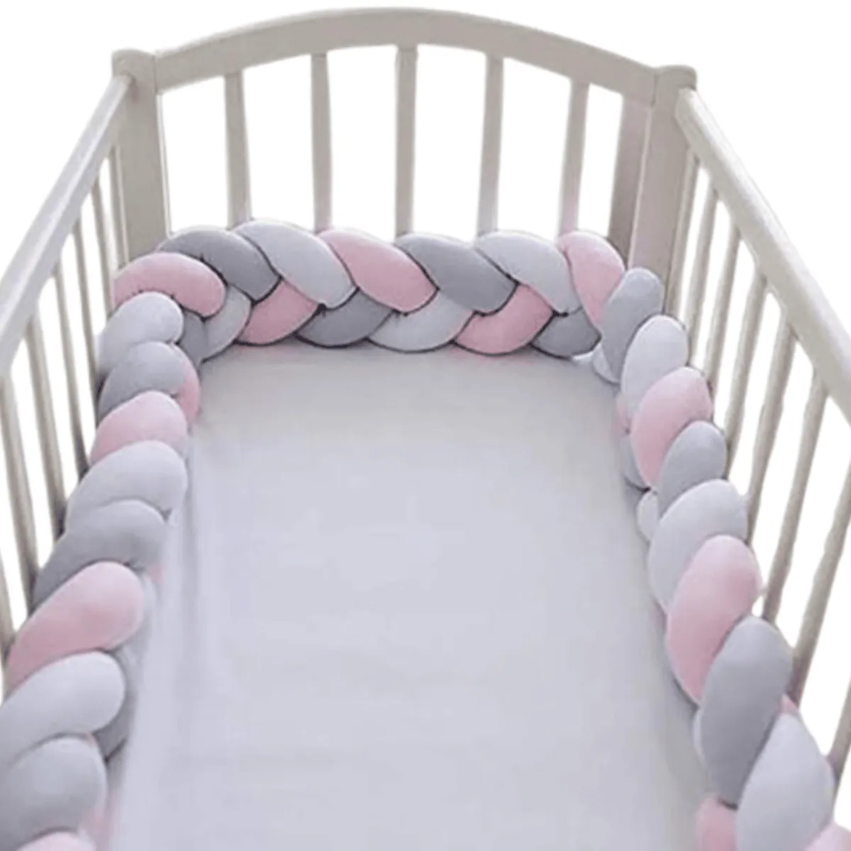 GENERICO - Trenza protector de cuna 4 metros Blanco, plomo y rosado