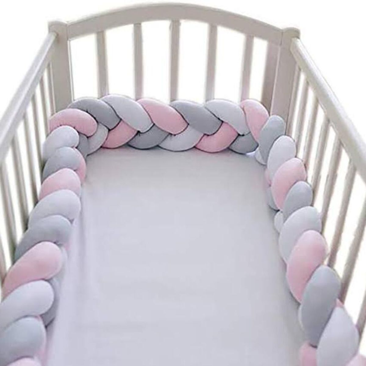 GENERICO - Trenza protector de cuna 2 metros Blanco, plomo y rosado