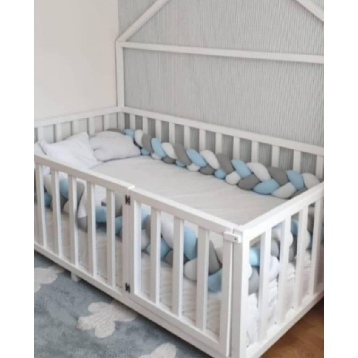 GENERICO - Trenza protector de cuna 6 metros Blanco, plomo y celeste