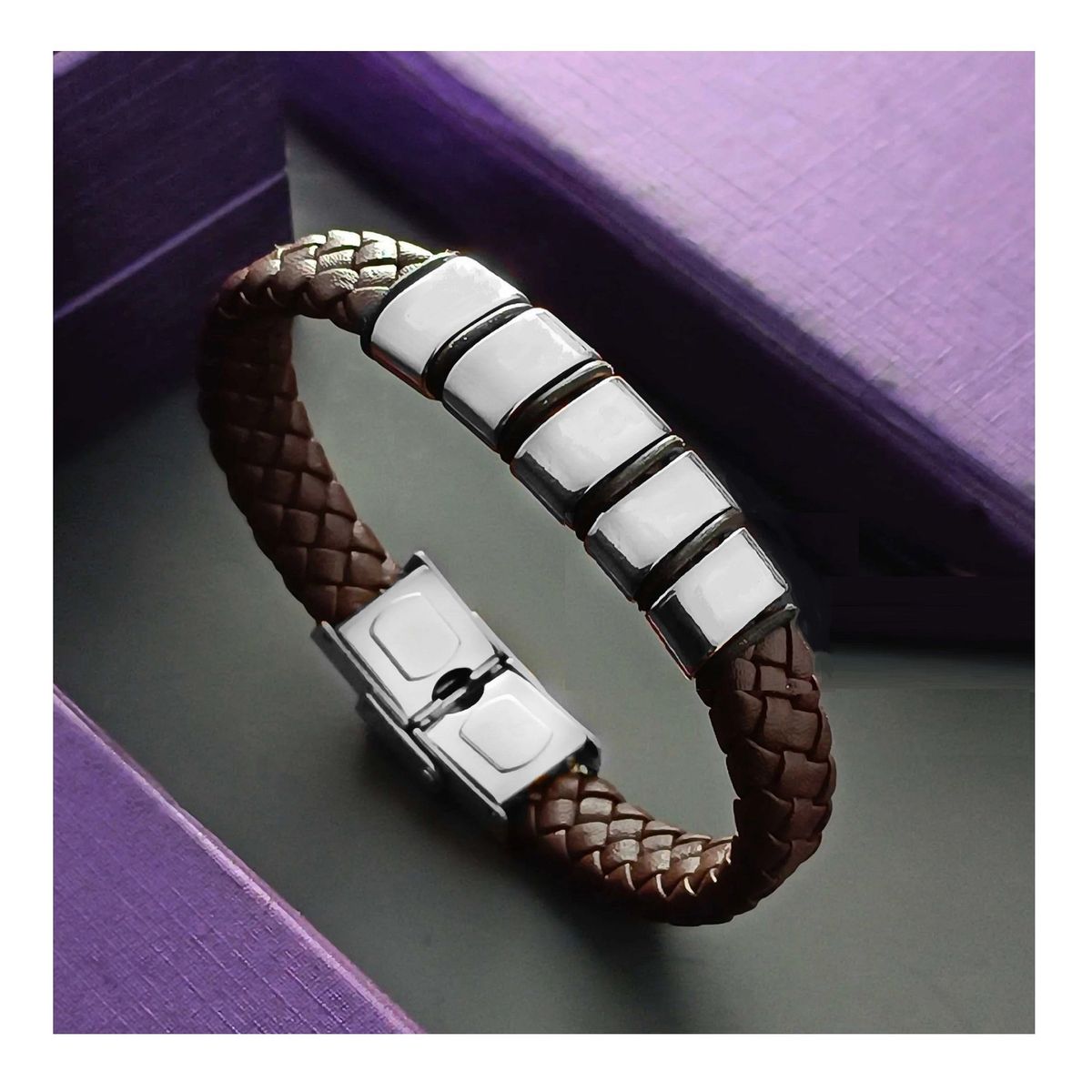 OEM - Pulsera Hombre Cuero Trenzado Franjas Acero Inoxidable 316L